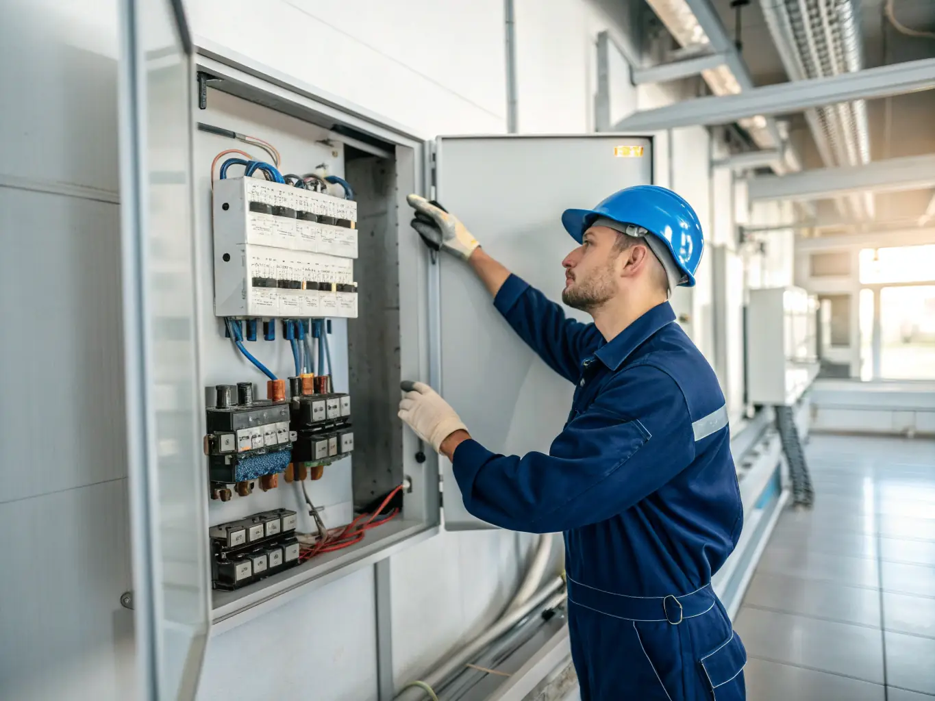 An image showing a Met Electric Group technician performing maintenance on electrical distribution equipment in an industrial setting.