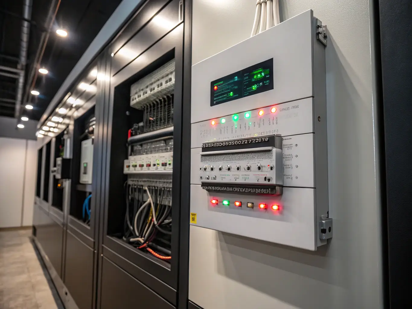A detailed shot of a control panel inside a power plant, highlighting the complex electrical systems required for power distribution and management.