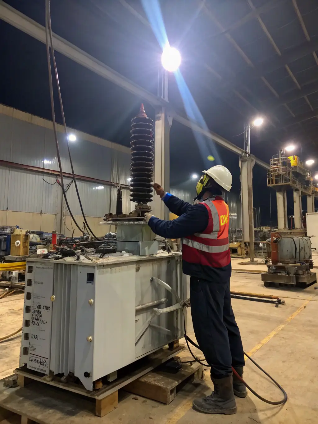 A worker in safety gear inspecting a large industrial transformer in a substation, highlighting the importance of efficient power conversion and distribution.