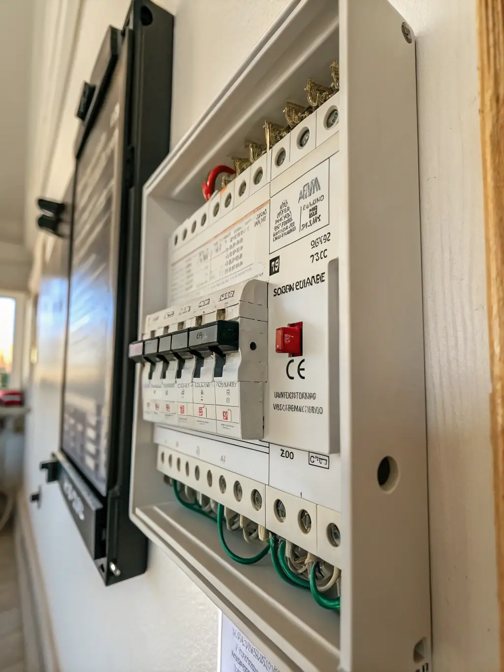 A close-up of a high-voltage circuit breaker with visible safety labels and robust construction, emphasizing the importance of reliable power distribution.