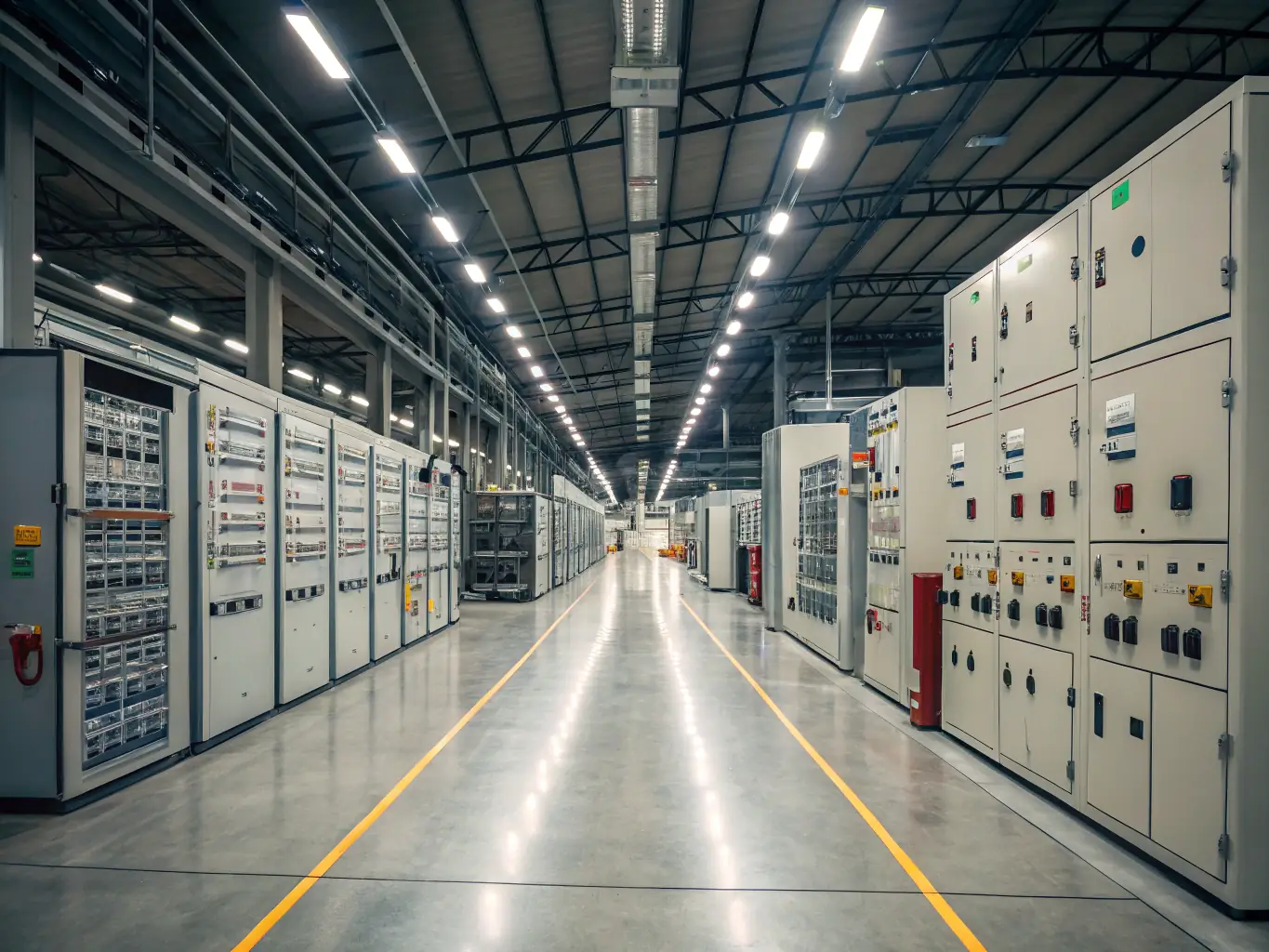 A well-organized warehouse with shelves stocked with various electrical components and equipment, showcasing Met Electric Group's efficient procurement and supply chain management.