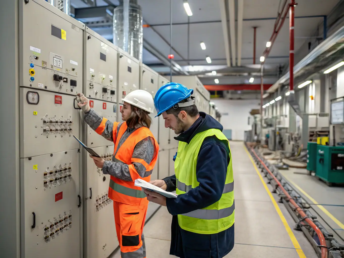 An image depicting a team of Met Electric Group engineers inspecting high-voltage electrical equipment at a power plant, ensuring quality and compliance.