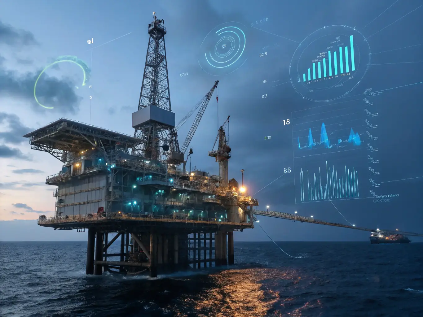 An oil rig at sunset, with electrical systems highlighted, representing Met Electric Group's solutions for the oil and gas industry.