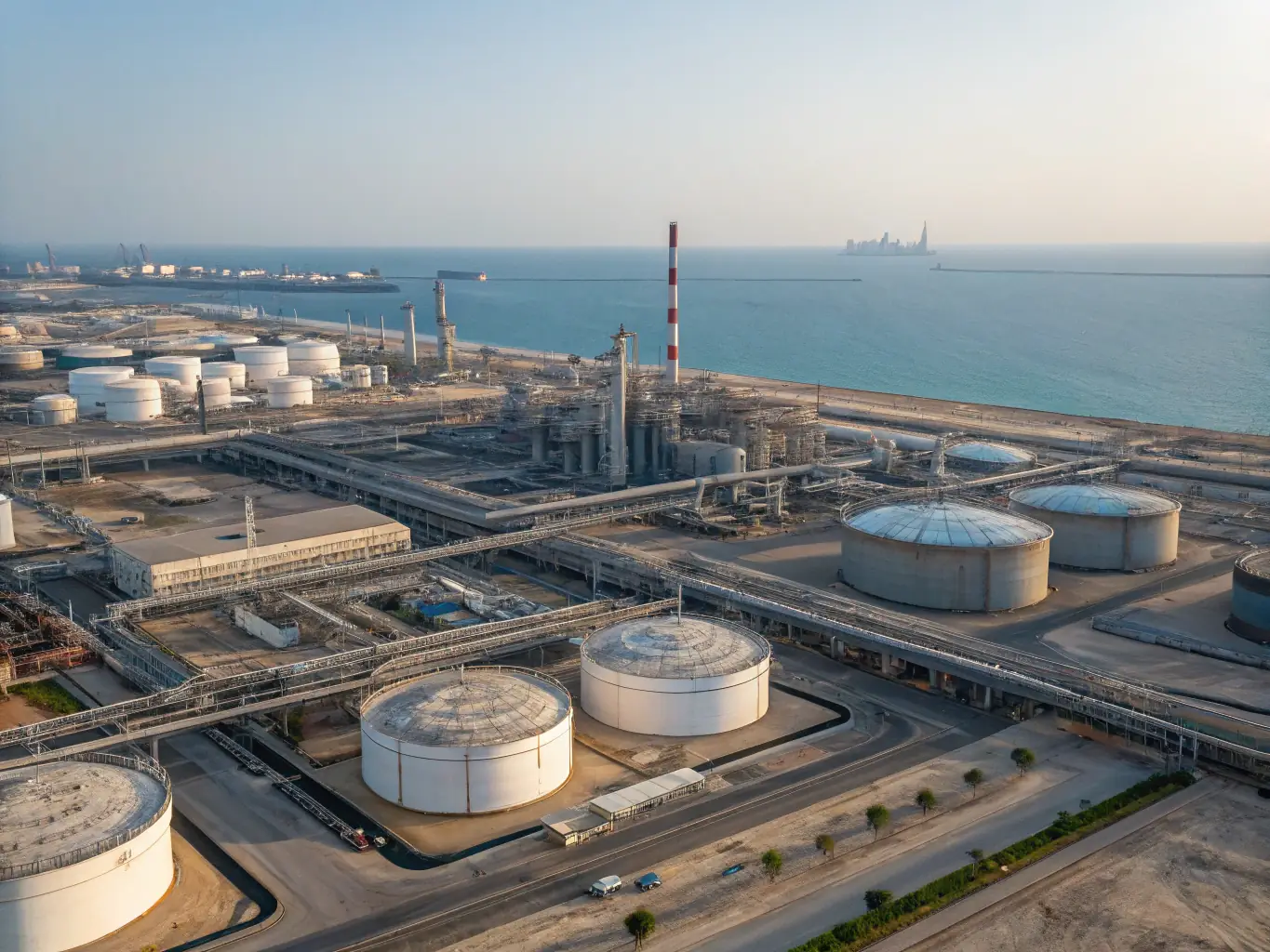 An aerial view of a large petrochemical plant with complex piping and processing units, emphasizing the need for robust electrical infrastructure in the petrochemical industry.