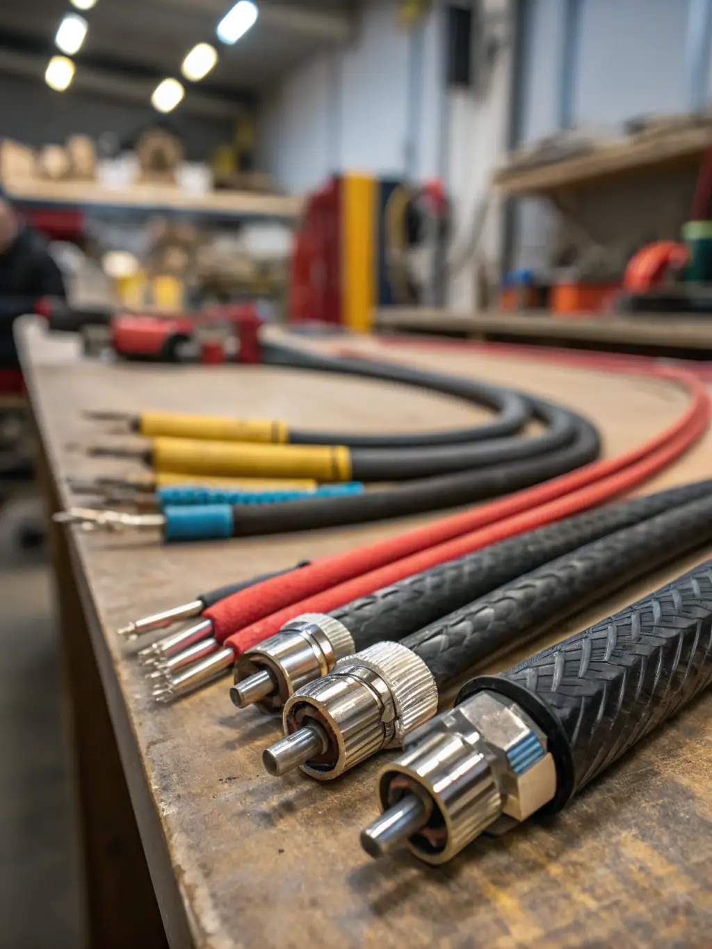 A neatly arranged assortment of various electrical cables and wires, showcasing different sizes, colors, and insulation types for diverse applications.