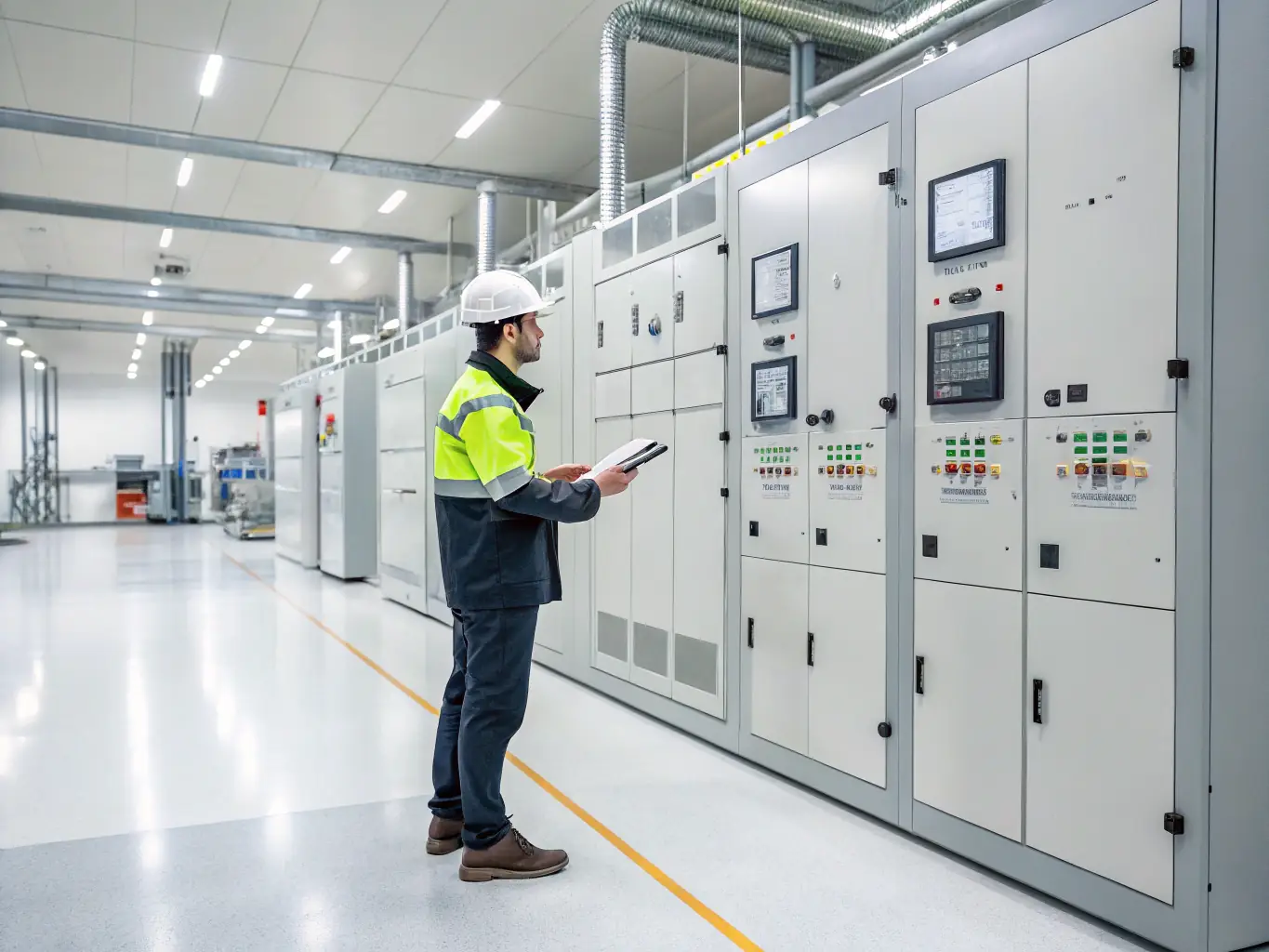 A technician inspecting electrical equipment in a power plant, highlighting Met Electric Group's expertise in providing solutions for the power generation industry.