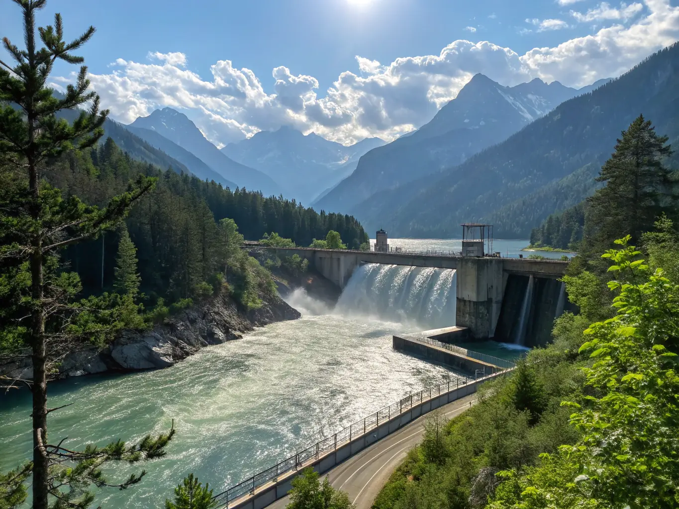 A panoramic view of a large hydroelectric dam with turbines visible, showcasing the scale and importance of electrical systems in hydropower generation.