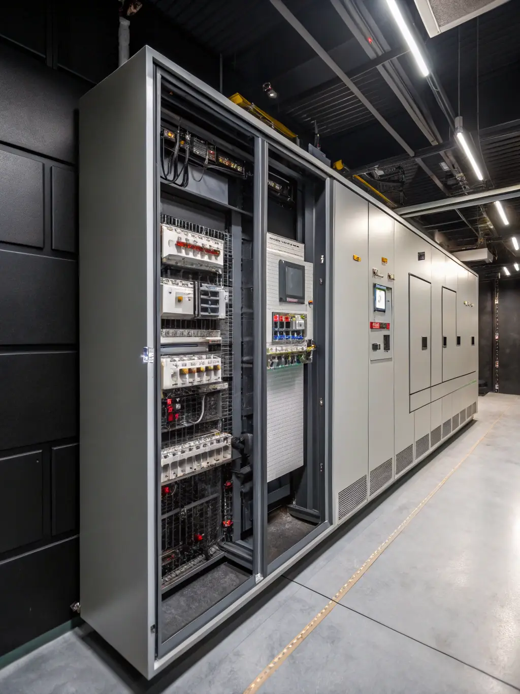 A high-angle shot of a modern industrial control panel with various switches, gauges, and wiring, highlighting the complexity and precision of electrical systems.
